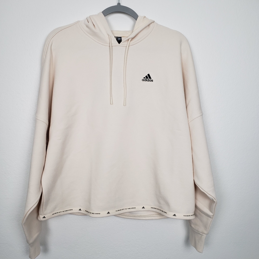 Adidas Womens Wide Cropped Hoodie Sweatshirt Wonder White Size S